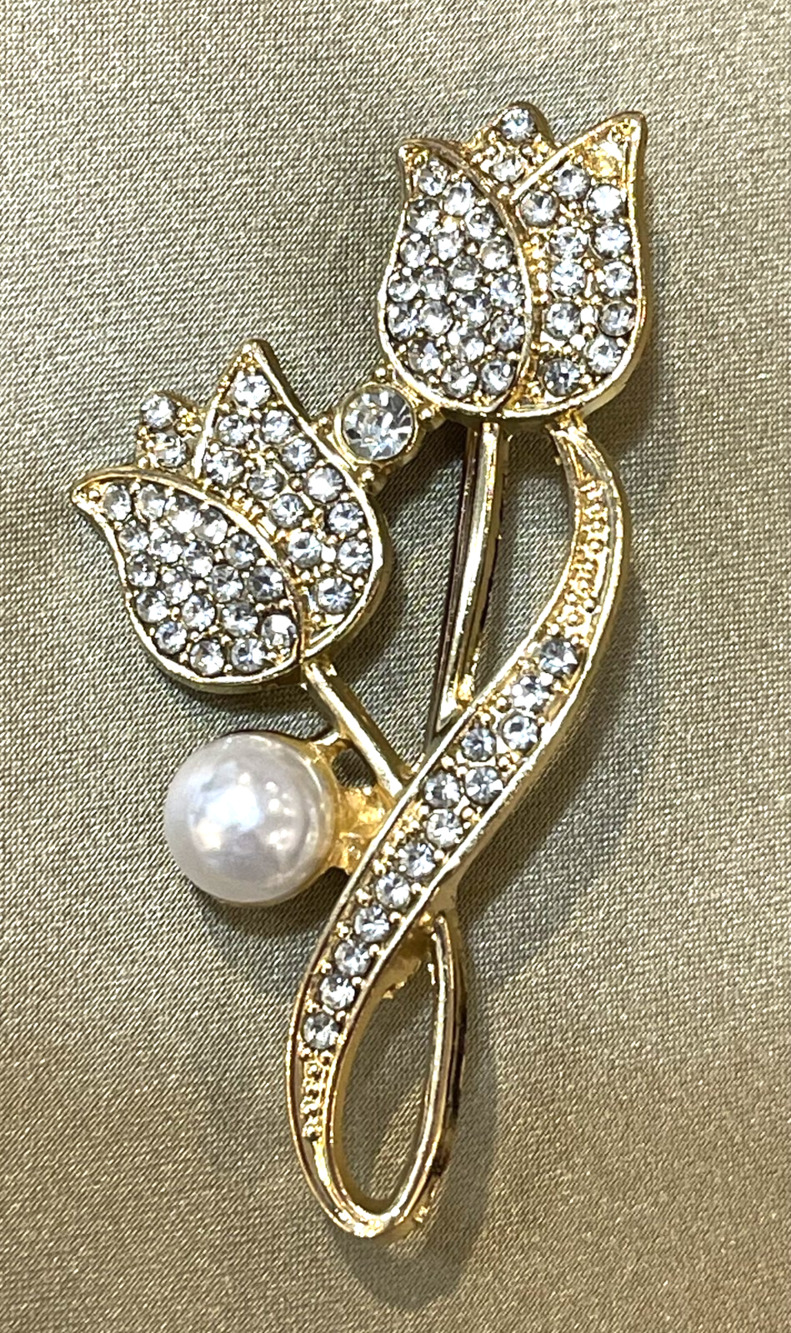 NWOT Gold Toned Tulip Brooch Lapel Pin Rhinestone Crystal Faux Pearl Floral